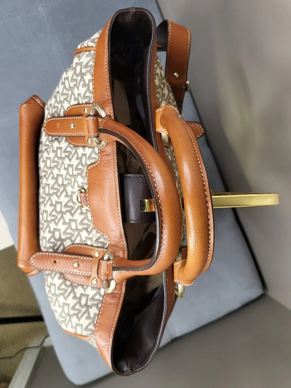 DKNY Signature Logo Jacquard Convertible Shoulder Crossbody Bag Tan Brown